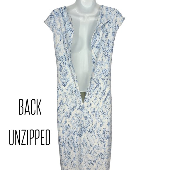 DKNY Gathered Faux Wrap Dress size 8 Blue Snake Print Surplice Tulip Skirt - Picture 5 of 9